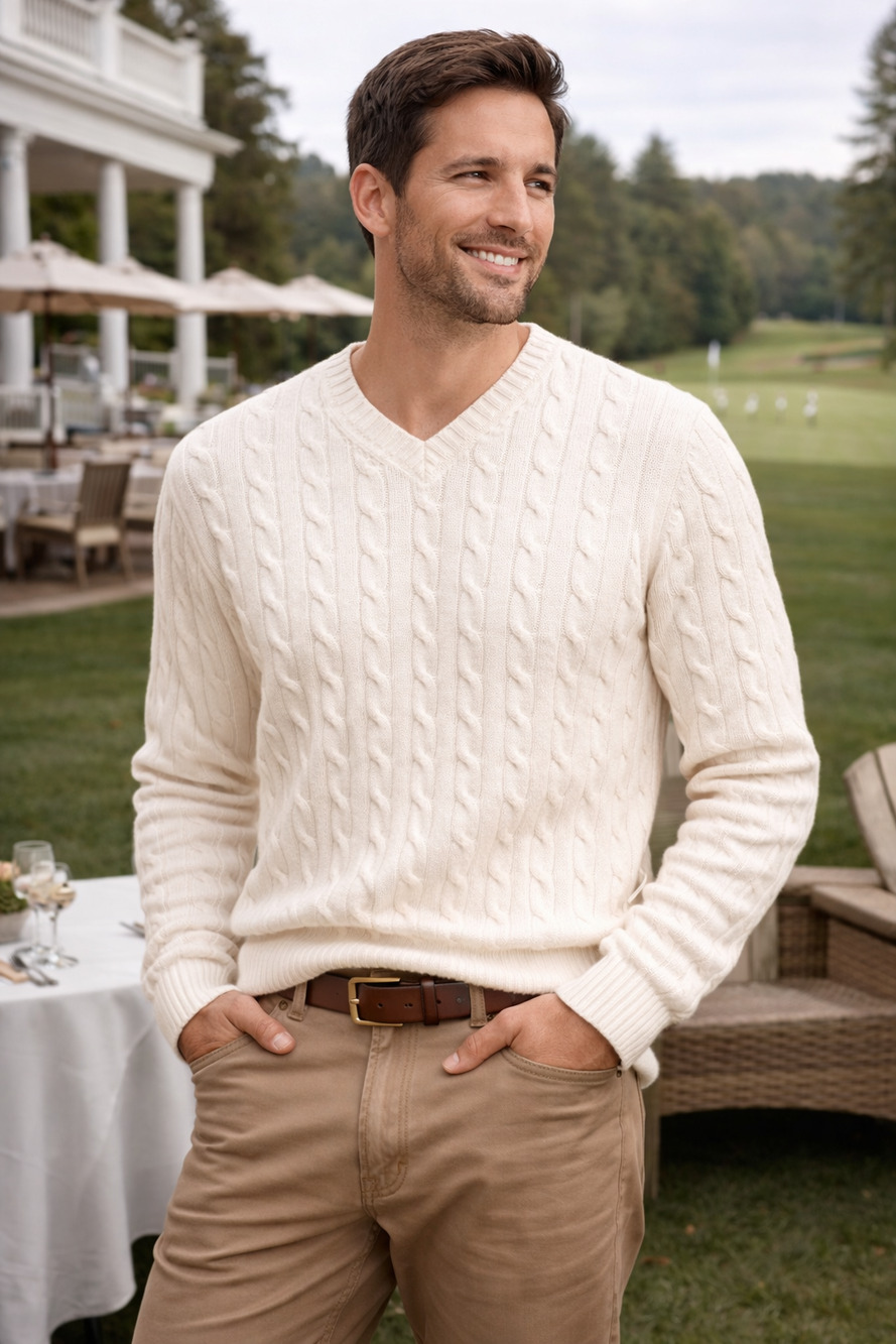 Grant Thomas Mens Cable Knit 100% Cotton V Neck Sweater Size S